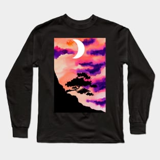 Mountain Tree Sunset and Moon Long Sleeve T-Shirt